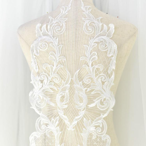 White Corded Bridal Lace Applique: Embroidered Wedding Dress Gown (10.25x45.25 in)