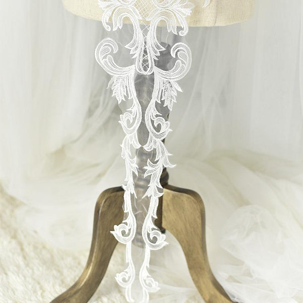 White Corded Bridal Lace Applique: Embroidered Wedding Dress Gown (10.25x45.25 in)