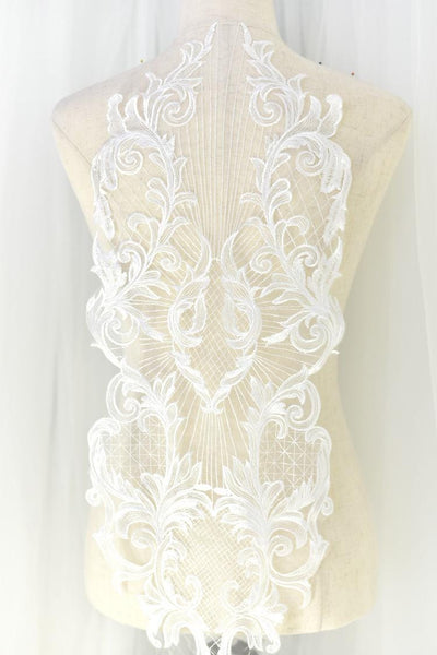 White Corded Bridal Lace Applique: Embroidered Wedding Dress Gown (10.25x45.25 in)