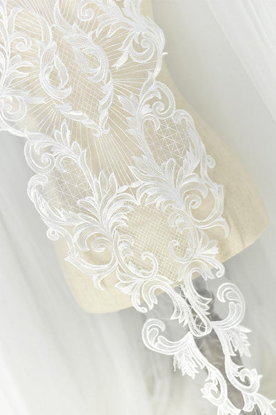 White Corded Bridal Lace Applique: Embroidered Wedding Dress Gown (10.25x45.25 in)