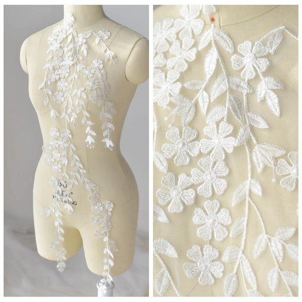 White Floral Embroidered Lace Applique: Bridal Bodice Embellishment