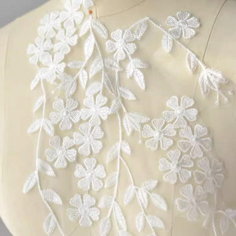 White Floral Embroidered Lace Applique: Bridal Bodice Embellishment