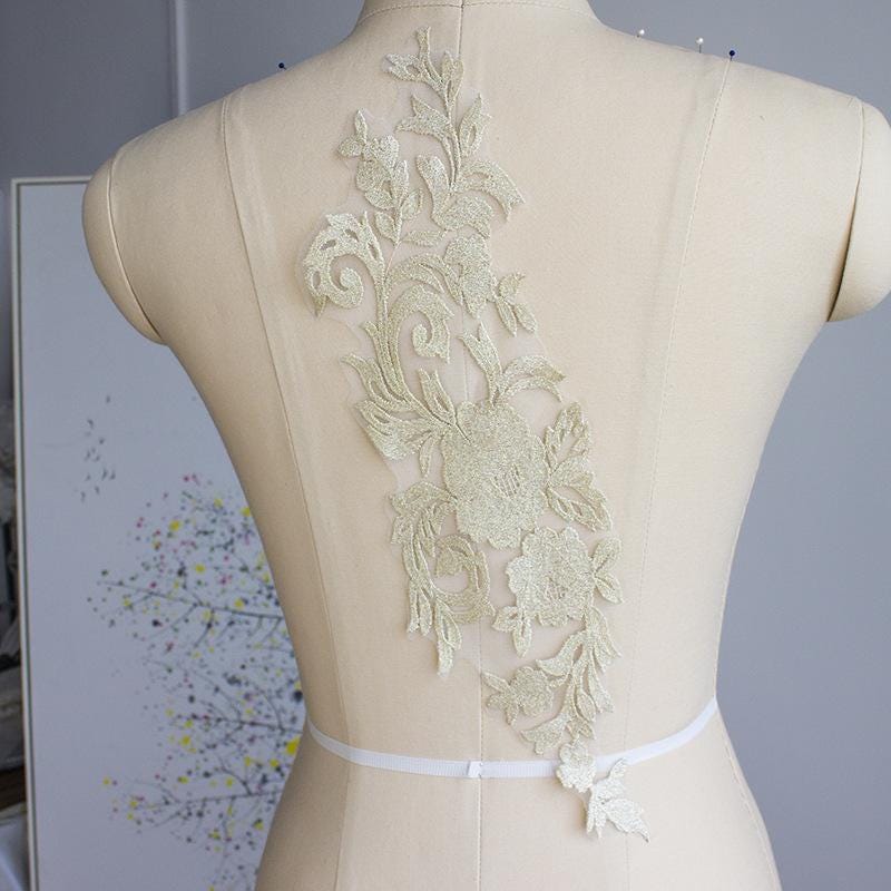 Gold Corded Lace Applique: Embroidered Bridal Gown Dress (7x18 7/8 in)