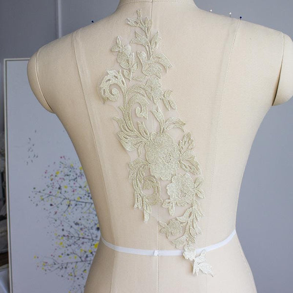 Gold Corded Lace Applique: Embroidered Bridal Gown Dress (7x18 7/8 in)