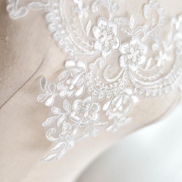 Floral Embroidered Bridal Lace Applique: Wedding Dress Trim (6 5/8 x 13 in)