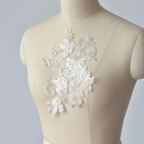 White Corded Lace Applique: Embroidered Bridal Dress Embellishment