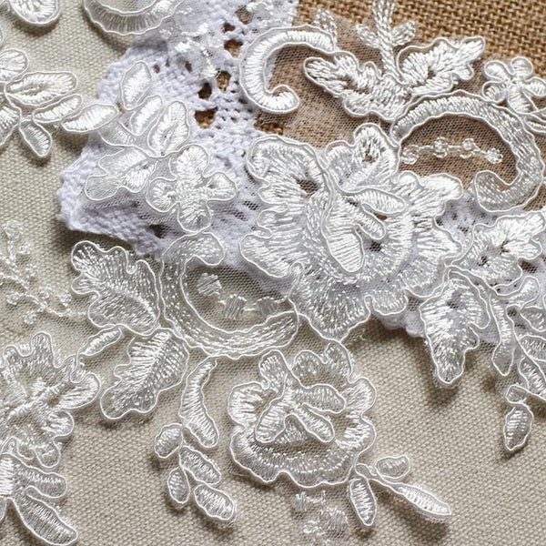 White Embroidered Floral Lace Applique: Bridal Bodice Detail