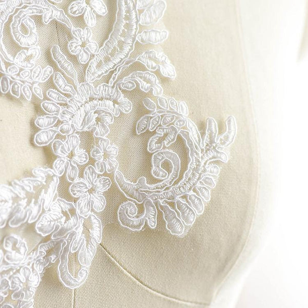 White Corded Lace Applique: Embroidered Bridal Dress Embellishment