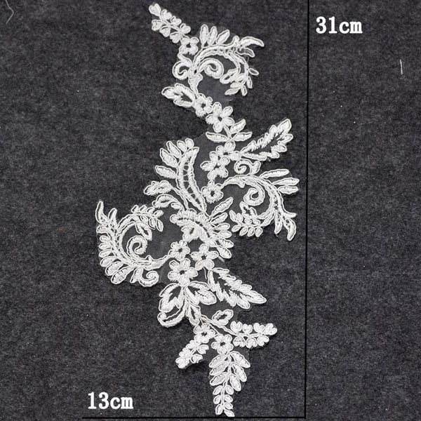 White Corded Lace Applique: Embroidered Bridal Dress Embellishment
