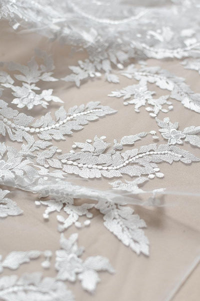 White Embroidered Bridal Lace Fabric: Corded Wedding Gown Lace