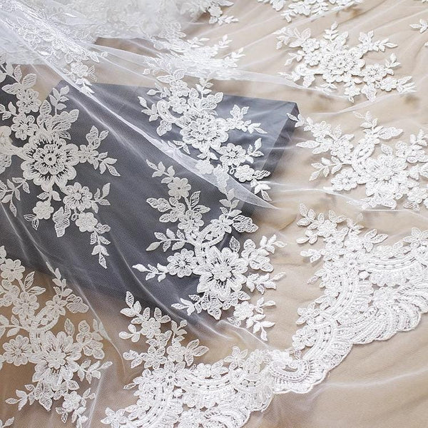 White Embroidered Bridal Lace Fabric - Corded Wedding Gown Lace