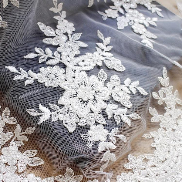 White Embroidered Bridal Lace Fabric - Corded Wedding Gown Lace