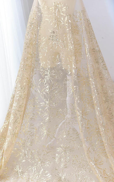 White Embroidered Floral Lace Fabric - Bridal Gown Dress