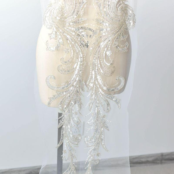 Embroidered Bridal Lace Applique Pair: Wedding Gown Embellishment