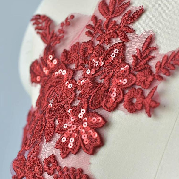 Embroidered Floral Lace Applique Pair: Bridal Gown Embellishment