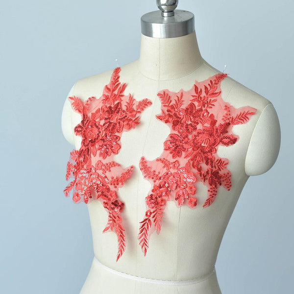 Embroidered Floral Lace Applique Pair: Bridal Gown Embellishment