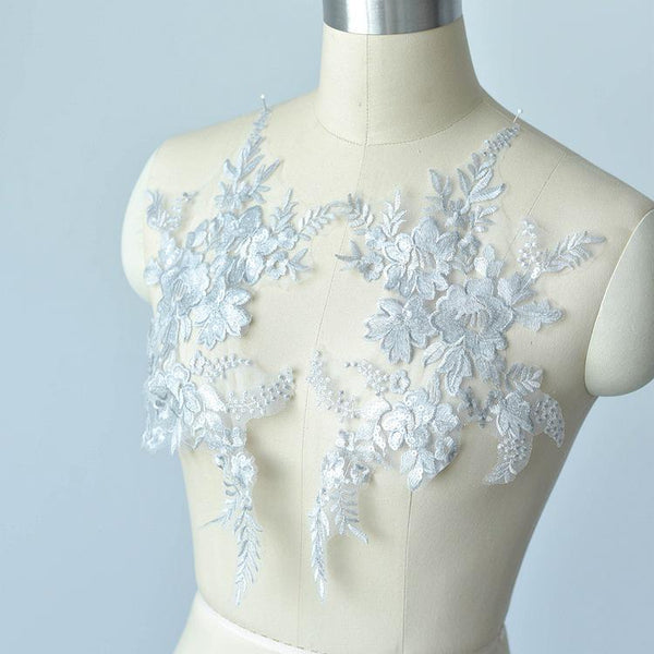 Embroidered Floral Lace Applique Pair: Bridal Gown Embellishment