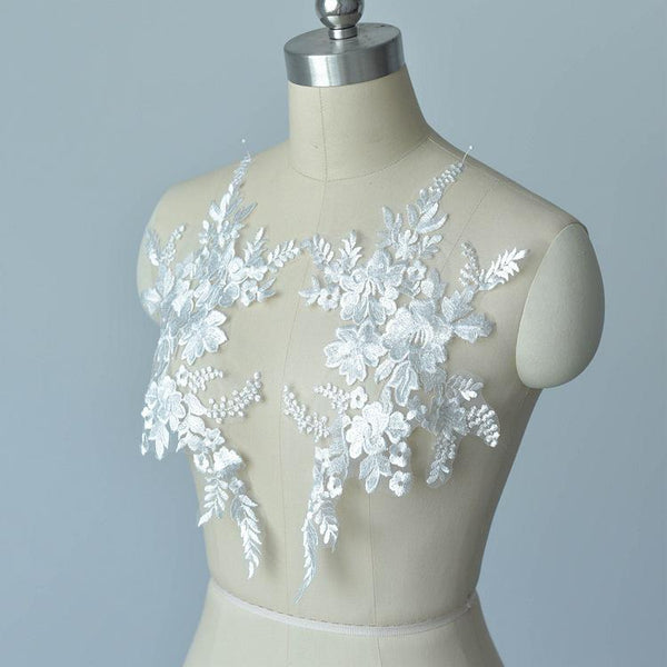 Embroidered Floral Lace Applique Pair: Bridal Gown Embellishment