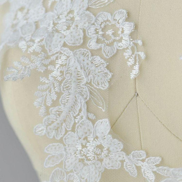Embroidered Floral Lace Applique Pair: Bridal Gown Embellishment