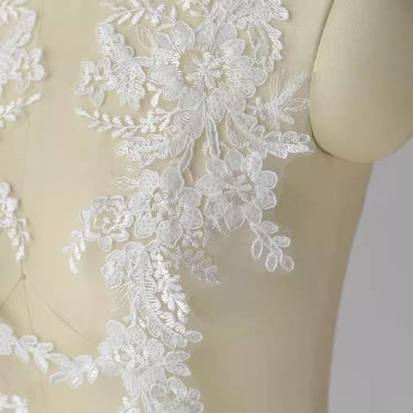 Embroidered Floral Lace Applique Pair: Bridal Gown Embellishment