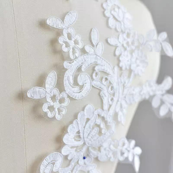 Bridal Embroidered Lace Applique Pair: Wedding Gown Embellishment