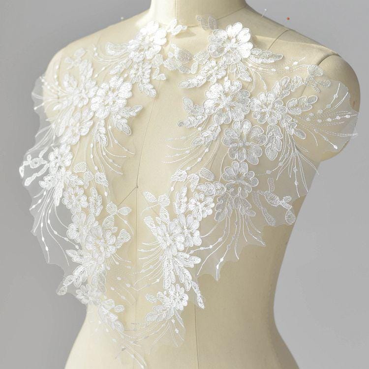 Floral Embroidered Lace Applique Pair: Bridal Gown Embellishment