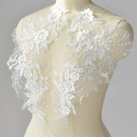 Floral Embroidered Lace Applique Pair: Bridal Gown Embellishment