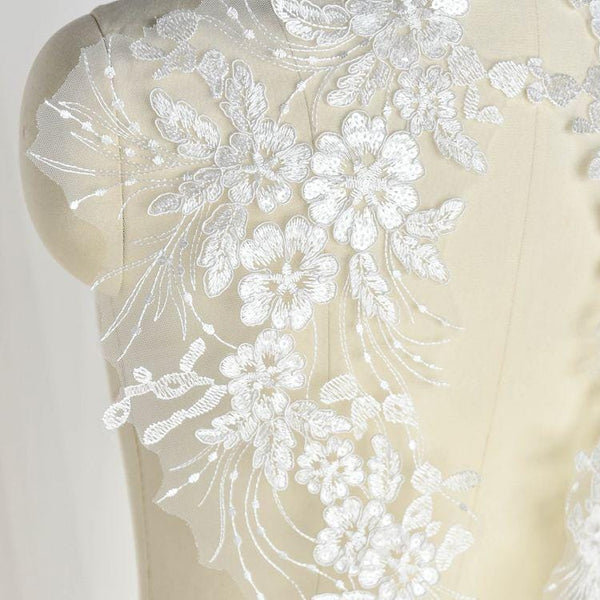 Floral Embroidered Lace Applique Pair: Bridal Gown Embellishment