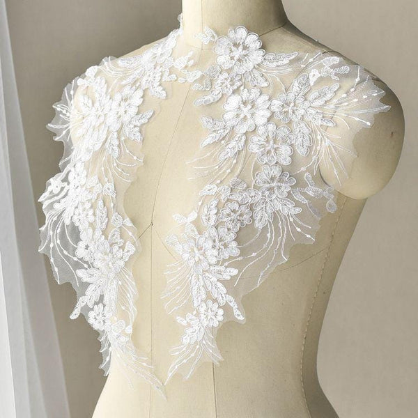 Floral Embroidered Lace Applique Pair: Bridal Gown Embellishment