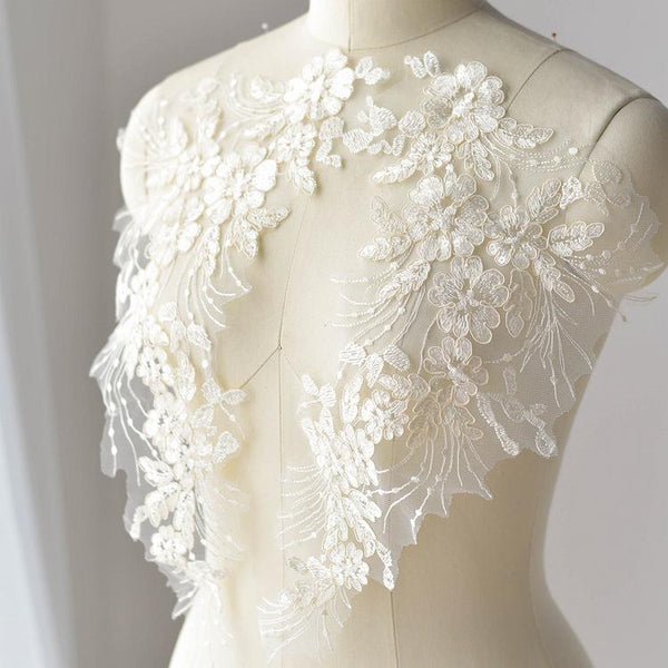 Floral Embroidered Lace Applique Pair: Bridal Gown Embellishment