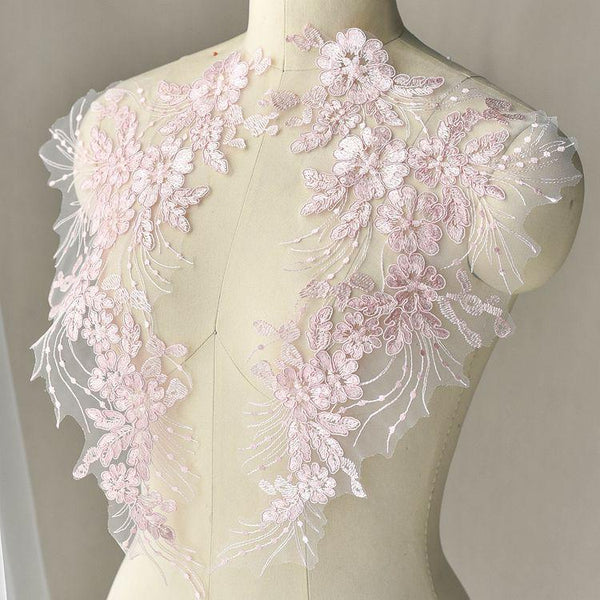 Floral Embroidered Lace Applique Pair: Bridal Gown Embellishment