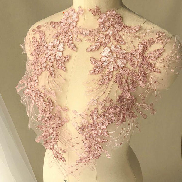 Floral Embroidered Lace Applique Pair: Bridal Gown Embellishment