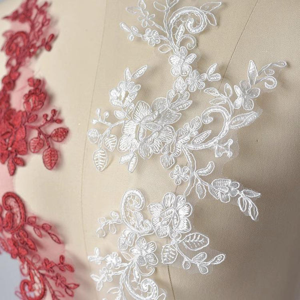 Embroidered Floral Lace Applique Pair: Bridal Gown Embellishment