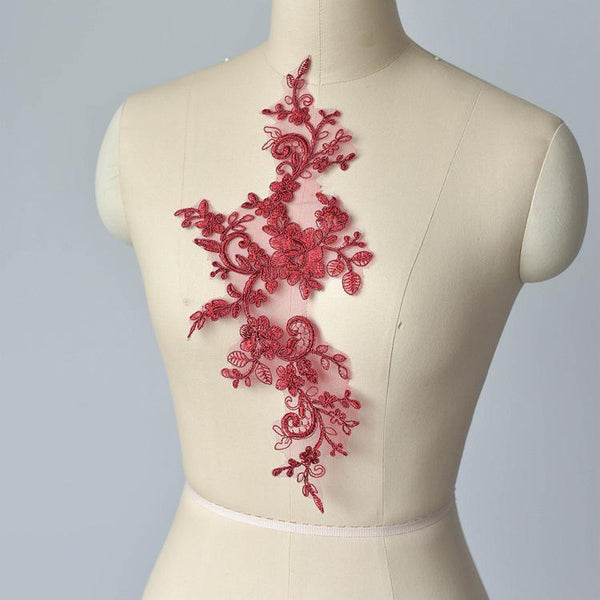 Embroidered Floral Lace Applique Pair: Bridal Gown Embellishment