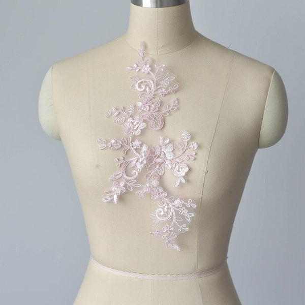 Embroidered Floral Lace Applique Pair: Bridal Gown Embellishment