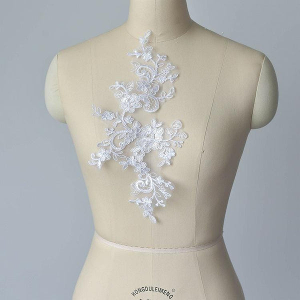 Embroidered Floral Lace Applique Pair: Bridal Gown Embellishment