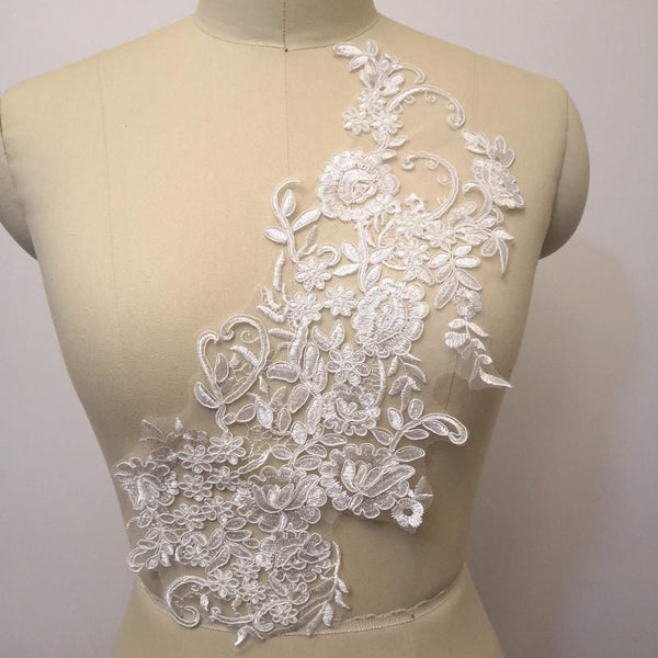Embroidered Floral Lace Applique Pair for Bridal Gown