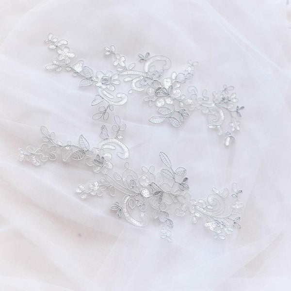Embroidered Bridal Lace Applique Pair: Floral Gown Embellishment