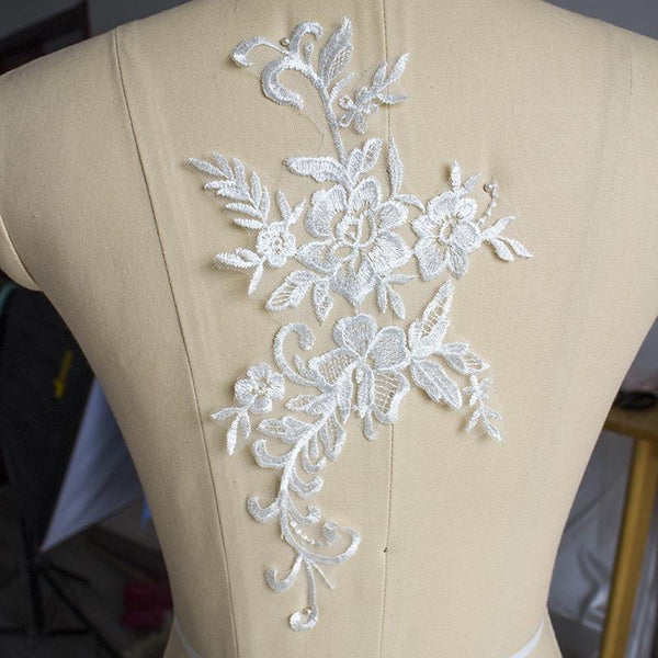 Bridal Embroidered Lace Applique Pair: Wedding Gown Embellishment
