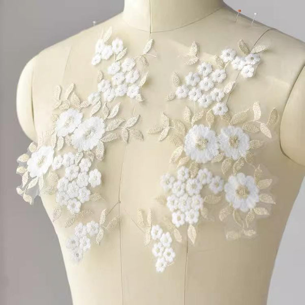 Floral Embroidered Lace Applique Pair: Bridal Gown Embellishment