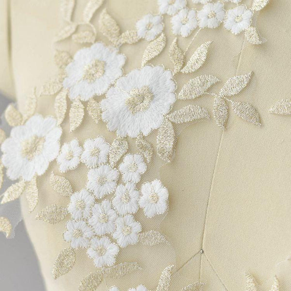 Floral Embroidered Lace Applique Pair: Bridal Gown Embellishment