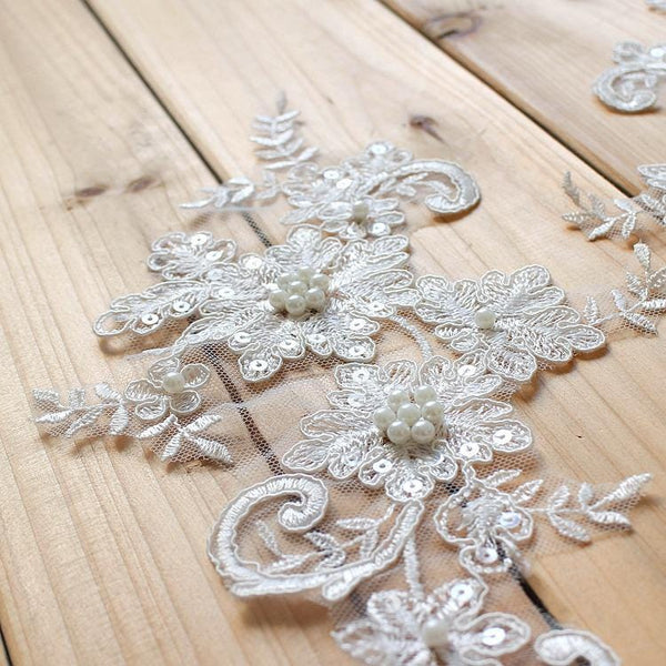 Bridal Lace Applique Pair: Embroidered Wedding Gown Embellishment