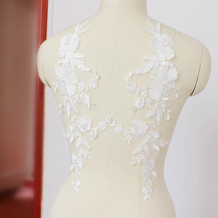 Bridal Lace Applique Pair: Embroidered Floral Wedding Gown Embellishment