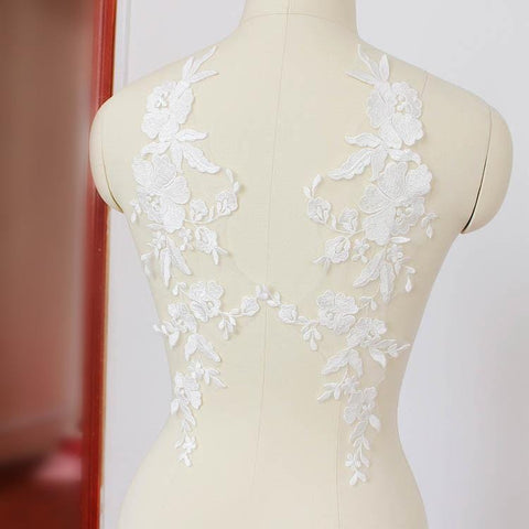 Bridal Lace Applique Pair: Embroidered Floral Wedding Gown Embellishment