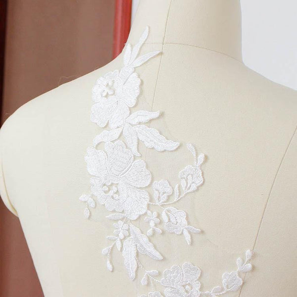 Bridal Lace Applique Pair: Embroidered Floral Wedding Gown Embellishment