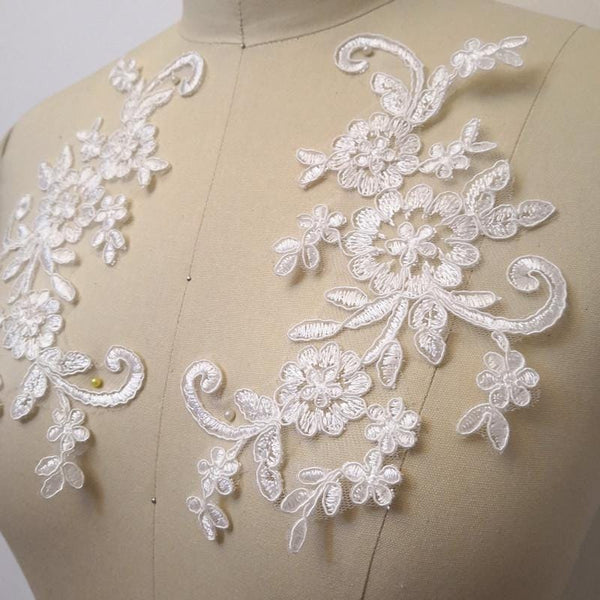Embroidered Floral Lace Applique Pair: Bridal Gown Embellishments