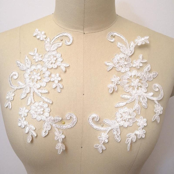 Embroidered Floral Lace Applique Pair: Bridal Gown Embellishments