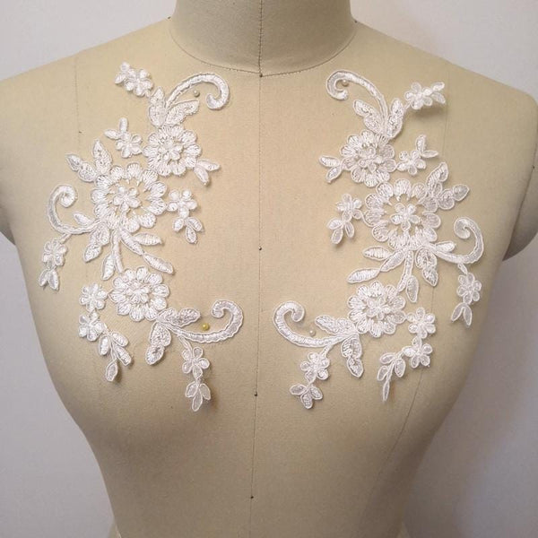 Embroidered Floral Lace Applique Pair: Bridal Gown Embellishments