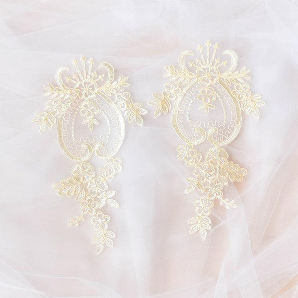 Embroidered Floral Lace Applique Pair: Bridal Gown Embellishment
