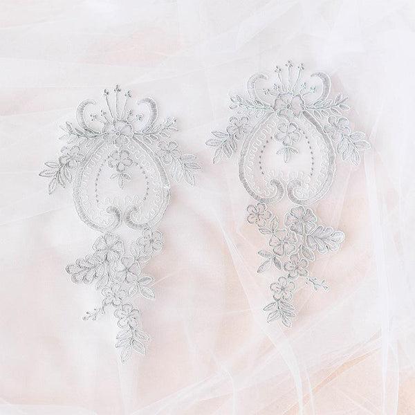 Embroidered Floral Lace Applique Pair: Bridal Gown Embellishment